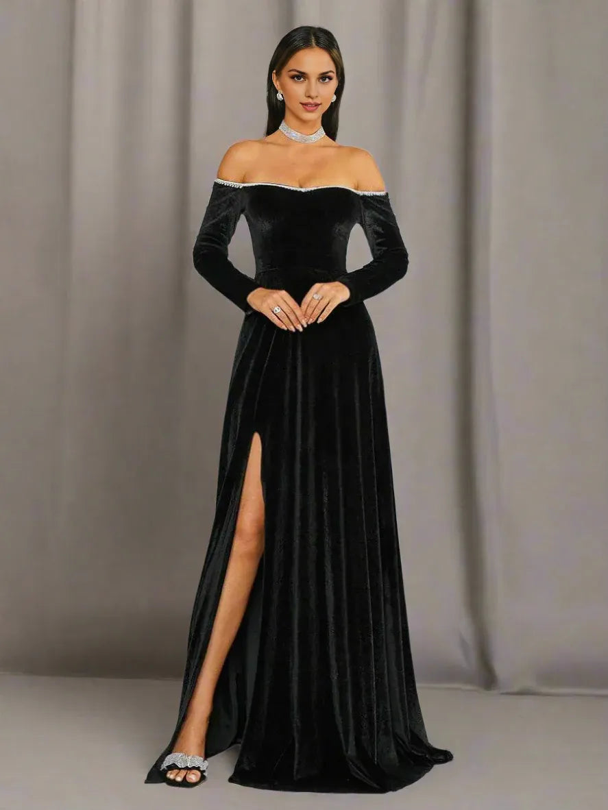 Fashion A-Line Off Shoulder Long Sleeve Back Zip Floor-Length Prom Dress